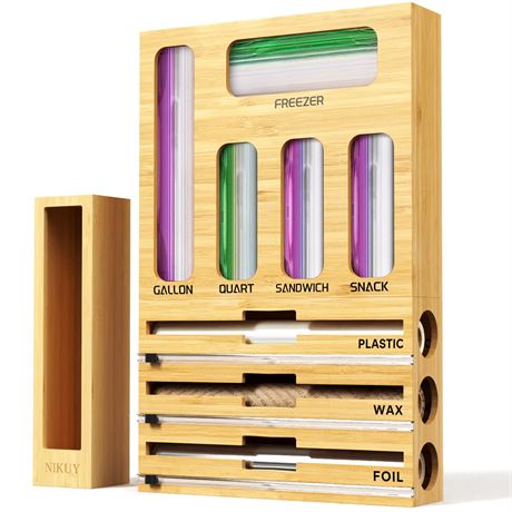 NIKUY 9 IN 1 Bamboo Foil and Plastic Wrap Organizer for Kitchen Drawer
