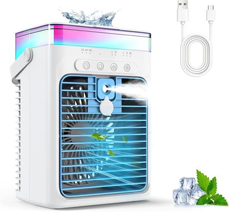 Portable 3-in-1 Evaporative Air Cooler, 1000ml, 3 Speeds, Mist, RGB Light, USB