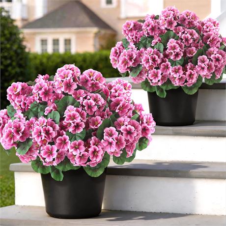 2Pcs Fake Geranium Flower Topiary Ball Tree for Front Porch Decor(Pink)