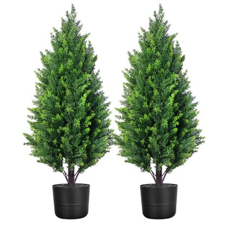 3FT Artificial Topiary Cedar Trees Set of 2 with Pots, Faux Evergreen Bushes