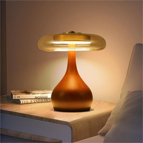 Lampe de table champignon 9,7 po, base en bois, abat-jour en verre, DEL