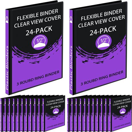 Fulmoon 24Pc 3-Ring Plastic Binders 1/2" Black with Pockets