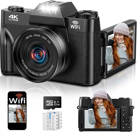 4K WiFi Digital Camera, 75MP, 16x Zoom, Flip Screen 3"