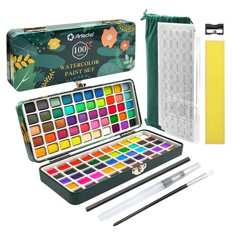 Artecho 100-Color Watercolor Paint Set, Portable Box, Papers & Brushes