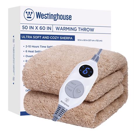 Westinghouse Electric Blanket Heated Throw, 6 Heat Settings, Camel