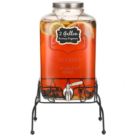 2-Gallon Glass Drink Dispenser Stainless Steel Spigot