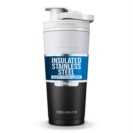 Ice Shaker Stainless Steel Shaker Bottle, 26oz, Black/White, Insulated