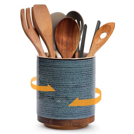 DOWAN Rotating Extra Large Cooking Utensil Holder, 7.6 in, Ceramic, Blue