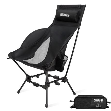 Wildhiker Portable High Back Folding Camping Chair Black with Pillow and Arm