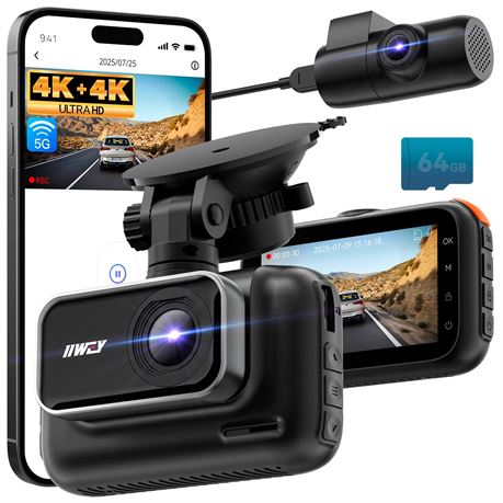 IIWEY 4K+4K Dash Cam Front and Rear, 5G Wi-Fi 64GB SD Card Included – Caméra