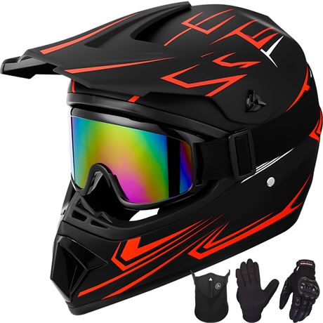Yesmotor Youth Kids Motocross Helmet Set DOT, Goggles Mask, Red L
