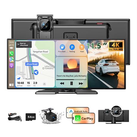 11.5 inch Wireless CarPlay Screen, Android Auto, 4K Dash Cam, 1080P Backup Cam