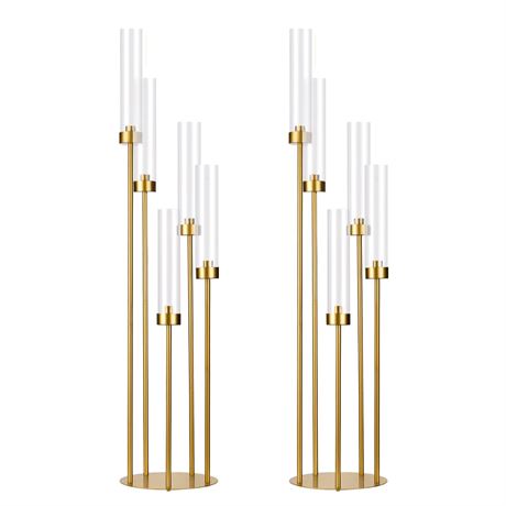 2PCS Gold 5 Arm Candle Holder Tall Floor Candelabra with Acrylic Lampshade