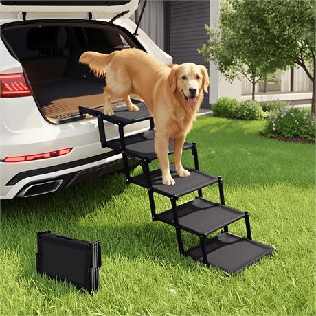 Oiilores Foldable Dog Stairs 5-Step, Extra Wide, 250 Lbs Capacity
