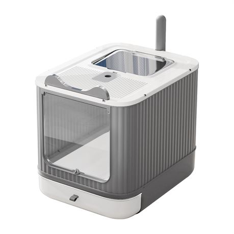 LCZLBRRD Fully Enclosed Cat Litter Box with Lid, Drawer, 3 Modes White&Grey