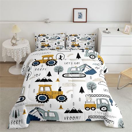 Cartoon Car Kids Comforter Set Construction Trucks Excavator Tractor White