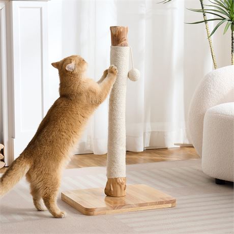 Cat Scratching Post, 29 Inch Solid Wood, Natural