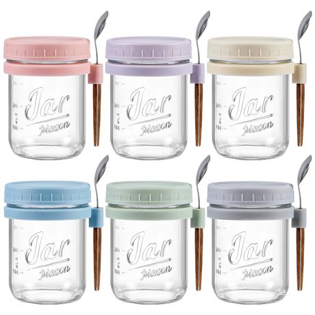 LANDNEOO 6-Pack Glass Overnight Oats Jars with Lids and Spoons, 16 oz