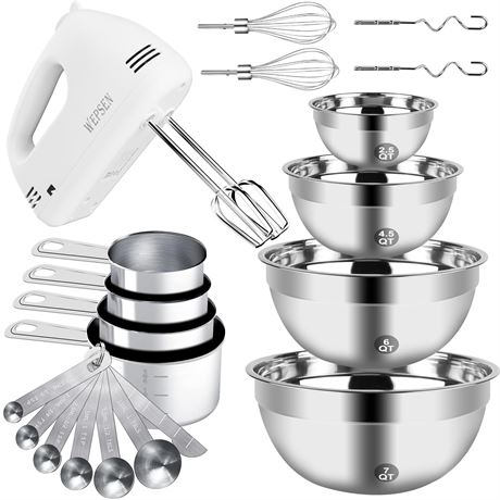 WEPSEN Electric Hand Mixer 200W with 4 Stainless Steel Bowls