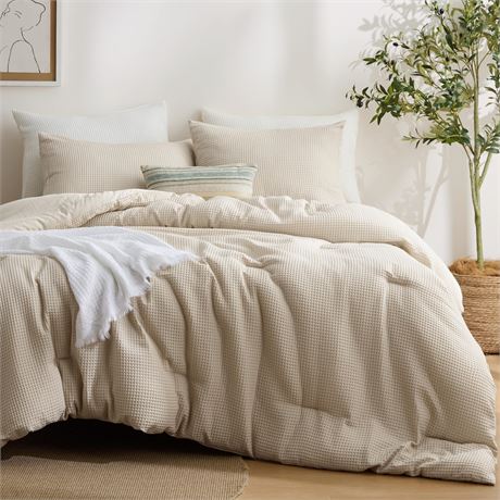 Bedsure Queen Comforter Set Beige Waffle Weave