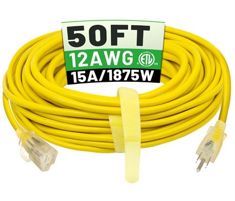 POWGRN 50 ft 12/3 Outdoor Extension Cord, Waterproof, 15A 1875W SJTW, Yellow