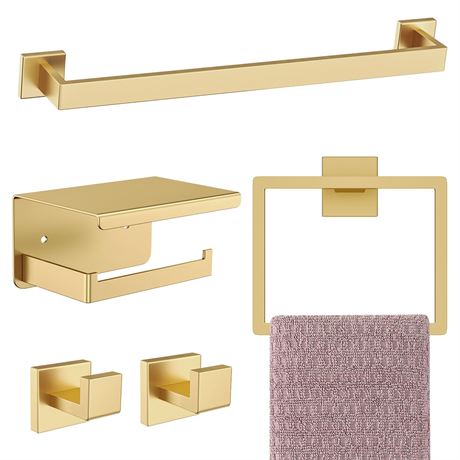 Kiakuoow Brushed Gold Bathroom Hardware Set, 5-Piece Stainless Steel Towel Bar