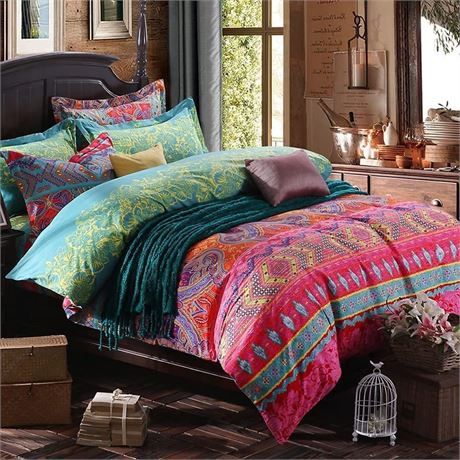 Boho Queen Duvet Cover 3-Piece Cotton Exotic Print