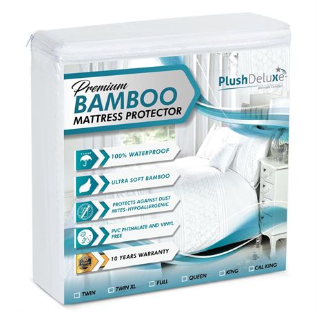 PlushDeluxe Bamboo Waterproof Mattress Protector, Queen