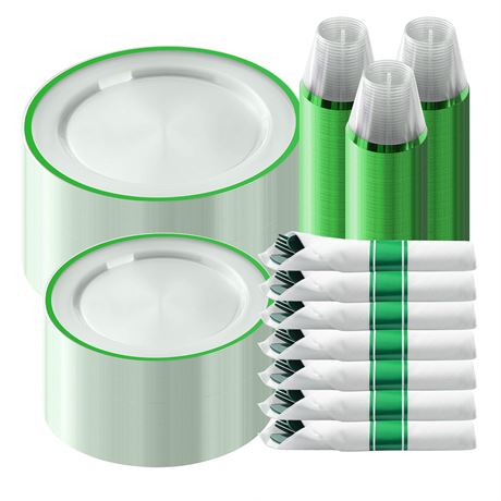 Goodluck 350 PCS Green Plastic Dinnerware Set for Party, Plastic Plates Set