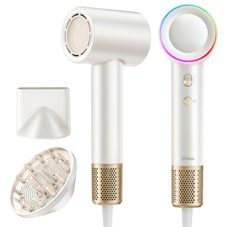 Zibtes High-Speed Hair Dryer with Diffuser, Ionic Blow Dryer (White)
